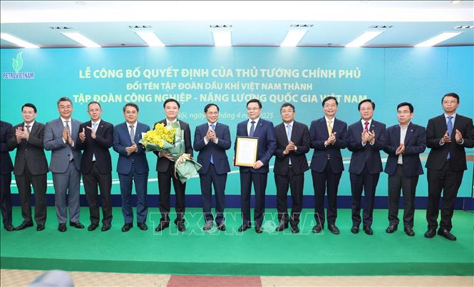 Phó Thủ tướng Bùi Thanh Sơn trao quyết định cho lãnh đạo Tập đoàn Công nghiệp - Năng lượng quốc gia Việt Nam. Ảnh: Quốc Khánh - TTXVN