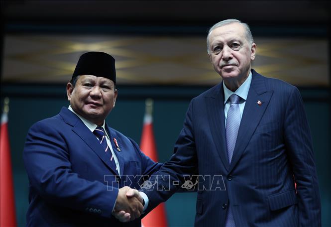 Tổng thống Thổ Nhĩ Kỳ Recep Tayyip Erdogan (phải) và Tổng thống Indonesia Subianto Prabowo tại cuộc họp báo chung ở Ankara ngày 10/4/2025. Ảnh: THX/TTXVN