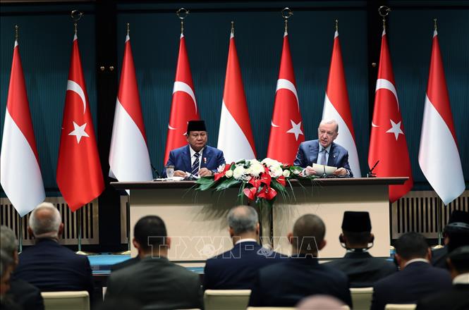 Tổng thống Thổ Nhĩ Kỳ Recep Tayyip Erdogan (phải) và Tổng thống Indonesia Subianto Prabowo tại cuộc họp báo chung ở Ankara ngày 10/4/2025. Ảnh: THX/TTXVN