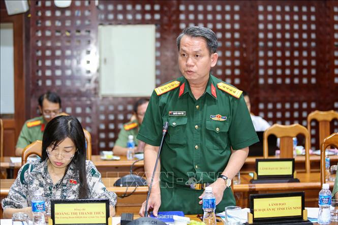 Đại tá Nguyễn Thành Tâm, Chỉ huy trưởng Bộ Chỉ huy Quân sự tỉnh Tây Ninh phát biểu. Ảnh: Giang Phương - TTXVN