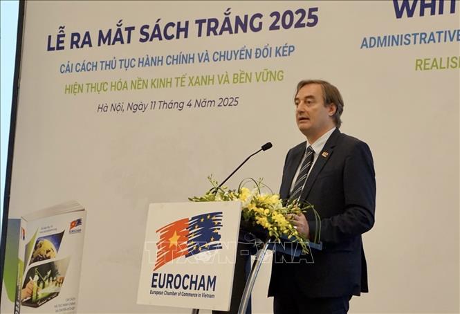 Chủ tịch Eurocham Bruno Jaspaert phát biểu. Ảnh: Tú Anh/TTXVN phát