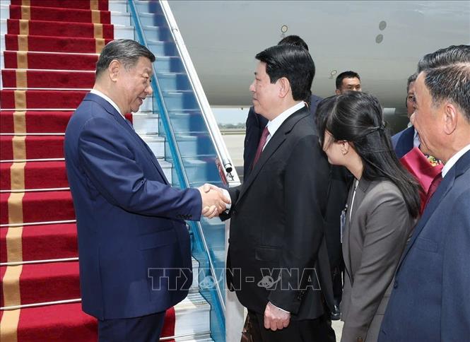 Đồng chí Lương Cường, Ủy viên Bộ Chính trị, Chủ tịch nước Cộng hòa xã hội chủ nghĩa Việt Nam đón Tổng Bí thư, Chủ tịch nước Trung Quốc Tập Cận Bình tại Sân bay quốc tế Nội Bài. Ảnh: Lâm Khánh – TTXVN