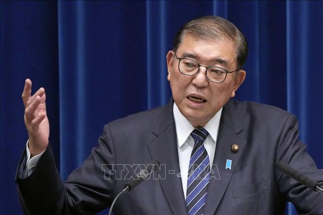 (Tư liệu) Thủ tướng Nhật Bản Shigeru Ishiba phát biểu tại cuộc họp báo ở thủ đô Tokyo. Ảnh: Kyodo/TTXVN