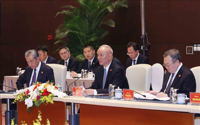 Đồng chí Thái Kỳ, Ủy viên Thường vụ Bộ Chính trị, Bí thư Ban Bí thư, Chánh Văn phòng Trung ương Đảng Cộng sản Trung Quốc phát biểu. Ảnh: Phương Hoa - TTXVN
