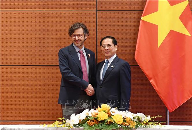 Deputy PM and FM Bui Thanh Son receives Columbia's Deputy Minister for Multilateral Affairs Mauricio Jaramillo. VNA Photo: An Đăng 