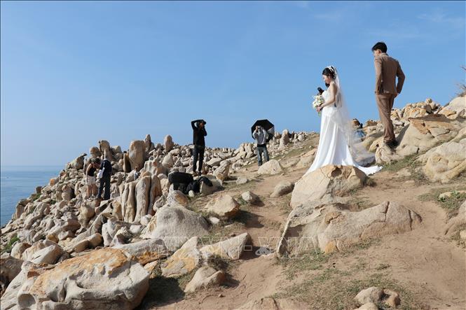 Du khách chụp ảnh tại Công viên đá Vườn quốc gia Núi Chúa, xã Vĩnh Hải (Ninh Hải, Ninh Thuận). Ảnh: Nguyễn Thành – TTXVN