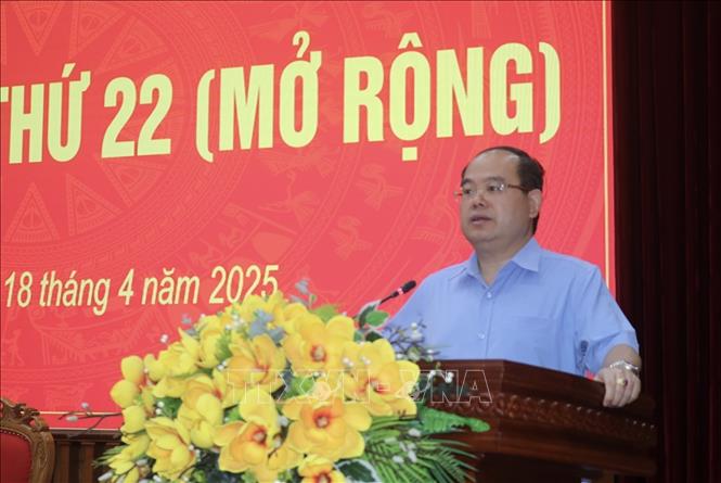 Bí thư Tỉnh uỷ Cao Bằng Quản Minh Cường phát biểu. Ảnh: Chu Hiệu-TTXVN