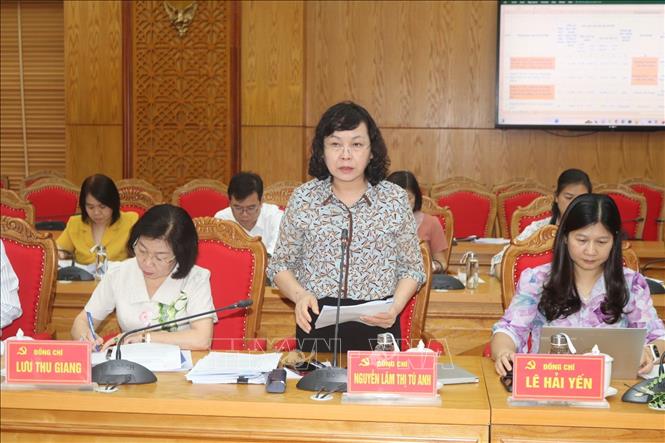 Giám đốc Sở Nội vụ tỉnh Cao Bằng Nguyễn Lâm Thị Tú Anh trình bày phương án sắp xếp các đơn vị hành chính. Ảnh: Chu Hiệu-TTXVN