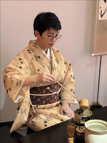 A Japanese tea ceremony is introduced at the workshop. VNA/Photo by courtesy