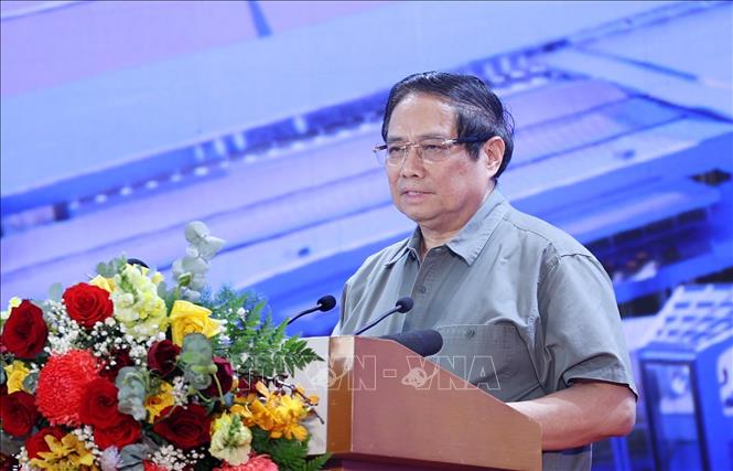 Thủ tướng Phạm Minh Chính phát biểu tại Lễ khởi công, khánh thành dự án trọng điểm Quốc gia và các công trình lớn. Ảnh: Dương Giang-TTXVN 