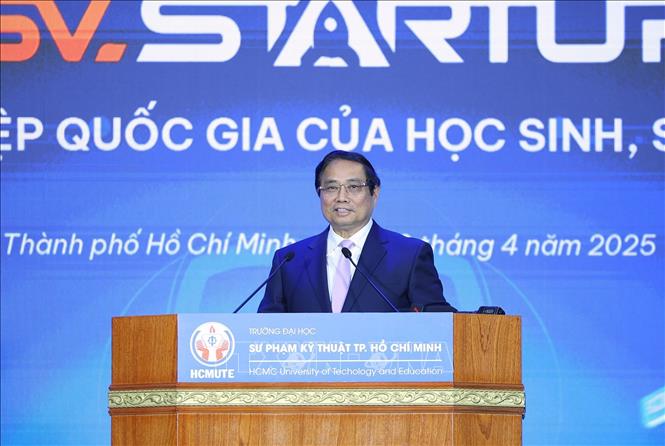 Thủ tướng Phạm Minh Chính phát biểu tại Ngày hội Khởi nghiệp Quốc gia của học sinh, sinh viên lần thứ 7. Ảnh: Dương Giang-TTXVN
