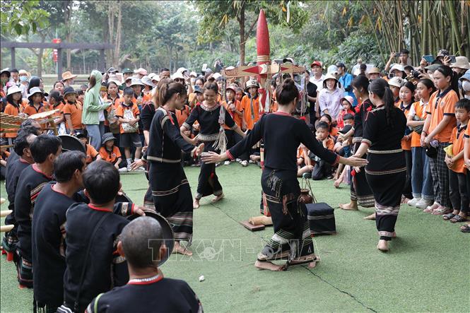 Đông đảo người dân và du khách thưởng thức tiết mục dân ca, dân vũ của dân tộc Ê Đê chúc mừng chàng trai trong lễ trưởng thành. Ảnh: Lê Đông - TTXVN
