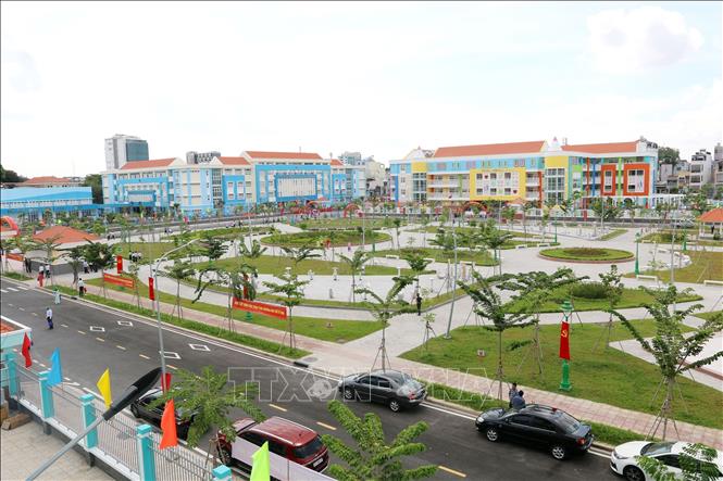  Quang cảnh cụm 3 trường học chuẩn quốc gia được xây dựng trên phần đất hơn 50.000 m2. Ảnh: Thanh Vũ-TTXVN 
