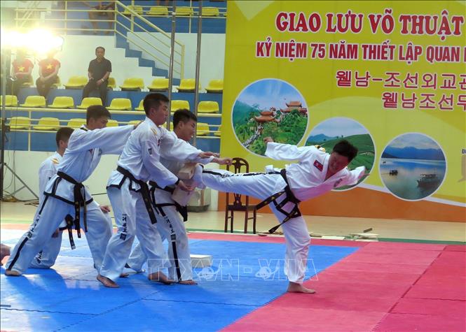 Các vận động viên đến từ Triều Tiên trình diễn võ thuật Taekwondo. Ảnh: Thu Hằng-TTXVN                        