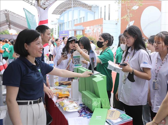 Hội chợ việc làm Vĩnh Phúc 2025 thu hút hàng trăm học sinh, sinh viên, người lao động đến tìm việc. Ảnh: Hoàng Hùng - TTXVN