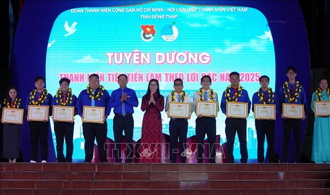 Tuyên dương, khen thưởng cá nhân đạt danh hiệu “Thanh niên tiên tiến làm theo lời Bác”. Ảnh: Nhựt An - TTXVN