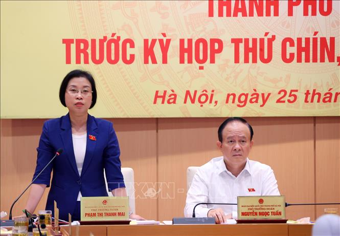 Phó Trưởng đoàn chuyên trách Đoàn đại biểu Quốc hội thành phố Hà Nội Phạm Thị Thanh Mai phát biểu. Ảnh: Văn Điệp - TTXVN
