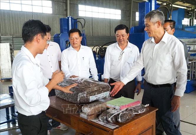Đại sứ Việt Nam tại Campuchia Nguyễn Minh Vũ thăm nhà máy chế biến cao su của công ty Bà Rịa Kampong Thom. Ảnh: Quang Anh – PV TTXVN tại Campuchia