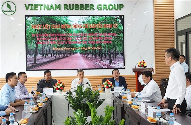Quang cảnh buổi làm việc giữa Đại sứ Việt Nam tại Campuchia Nguyễn Minh Vũ với lãnh đạo, nhân viên 3 công ty cao su Bà Rịa Kampong Thom, Phước Hòa Kampong Thom và Tân Biên Kampong Thom. Ảnh: Quang Anh - PV TTXVN tại Campuchia