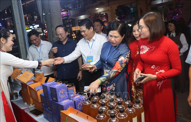 Lãnh đạo tỉnh Bắc Kạn tham quan gian hàng OCOP tại hội chợ. Ảnh: Vũ Hoàng Giang – TTXVN