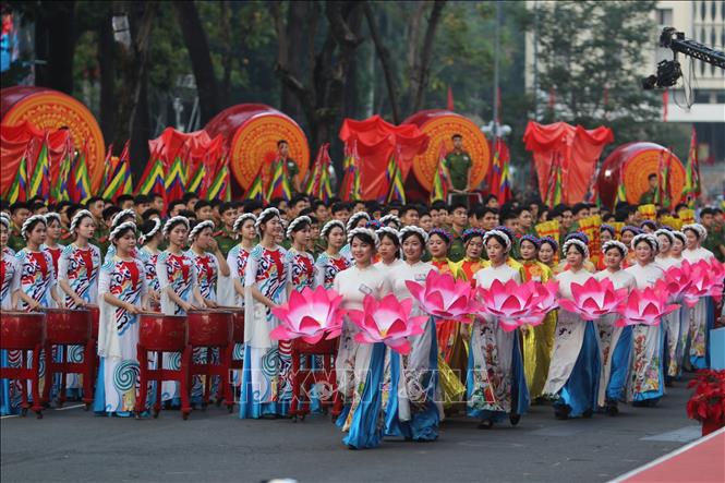 Tiết mục Trống hội Bản hùng ca toàn thắng của đội trống học viện Cảnh sát nhân dân tham gia Tổng duyệt. Ảnh: Thanh Vũ-TTXVN