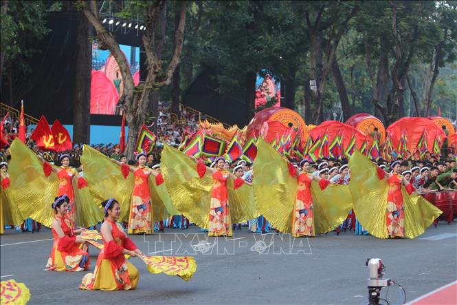 Tiết mục Trống hội Bản hùng ca toàn thắng của đội trống học viện Cảnh sát nhân dân tham gia Tổng duyệt. Ảnh: Thanh Vũ-TTXVN