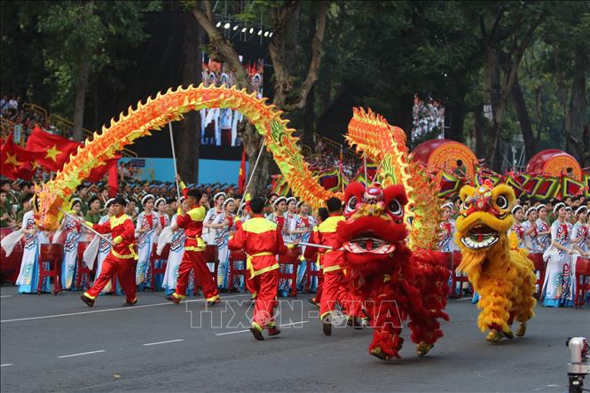 Tiết mục Trống hội Bản hùng ca toàn thắng của đội trống học viện Cảnh sát nhân dân tham gia Tổng duyệt. Ảnh: Thanh Vũ-TTXVN
