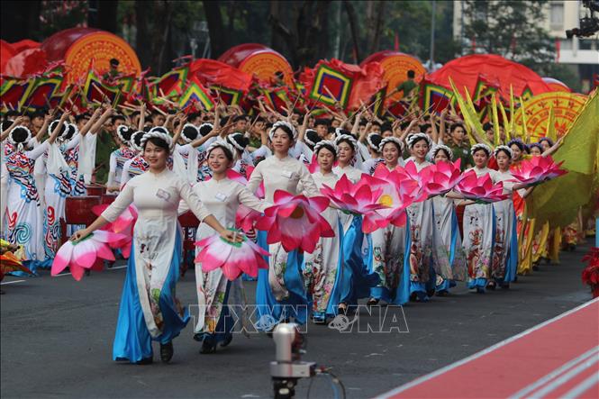 Tiết mục Trống hội Bản hùng ca toàn thắng của đội trống học viện Cảnh sát nhân dân tham gia Tổng duyệt. Ảnh: Thanh Vũ-TTXVN
