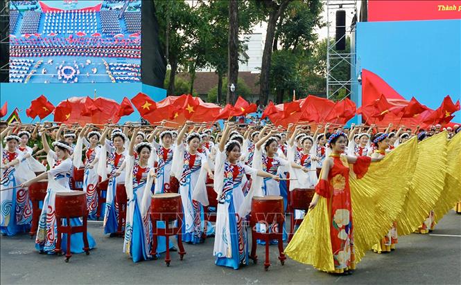 Tiết mục Trống hội Bản hùng ca toàn thắng của đội trống học viện Cảnh sát nhân dân tham gia Tổng duyệt. Ảnh: Thanh Vũ-TTXVN