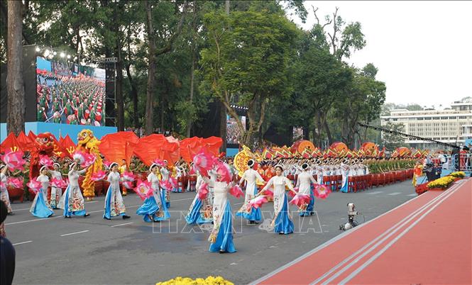 Tiết mục Trống hội Bản hùng ca toàn thắng của đội trống học viện Cảnh sát nhân dân tham gia Tổng duyệt. Ảnh: Thanh Vũ-TTXVN