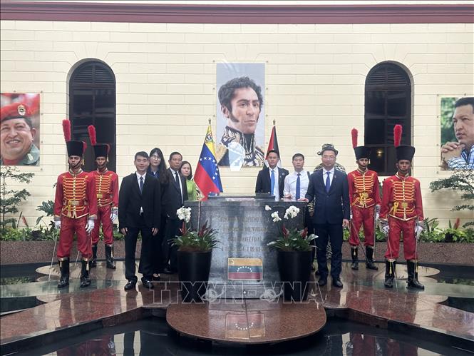 Đoàn thăm khu tưởng niệm cố tổng thống Hugo Chavez. Ảnh: ĐSQ Việt Nam tại Venenzuela/TTXVN phát