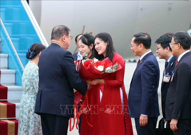 Vietnamese delegates welcome Prime Minister of Japan Ishiba Shigeru and his spouse. VNA Photo: An Đăng