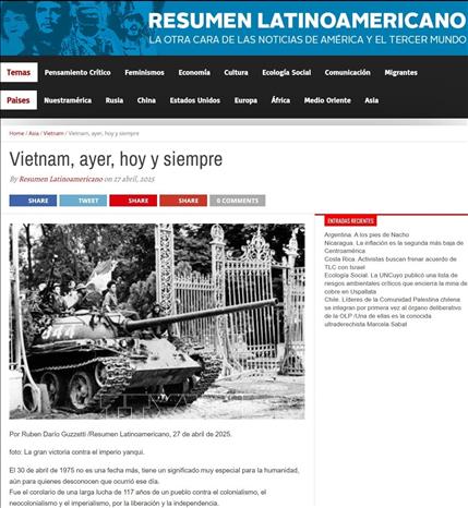 Dưới tiêu đề “Việt Nam, hôm qua, hôm nay và mãi mãi”, Resumen Latinoamericano điểm lại chặng đường 117 năm đấu tranh không ngơi nghỉ, từ Cách mạng Tháng Tám 1945 dưới sự lãnh đạo của Chủ tịch Hồ Chí Minh, đến chiến thắng Điện Biên Phủ “lừng lẫy năm châu, chấn động địa cầu” năm 1954. Ảnh: chụp màn hình
