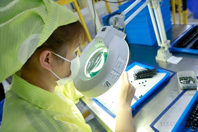 Công nhân sản xuất linh kiện điện tử tại Công ty Youngbag khu công nghiệp Bình Xuyên (Vĩnh Phúc). Ảnh: Hoàng Hùng - TTXVN