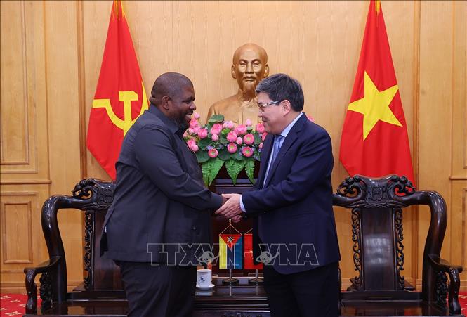 PGS.TS Nguyễn Duy Bắc, Phó Giám đốc Thường trực Học viện Chính trị quốc gia Hồ Chí Minh tiếp Tổng Thư ký Đảng Mặt trận giải phóng Mozambique Chakil Felizardo Aboobacar. Ảnh: Văn Điệp – TTXVN