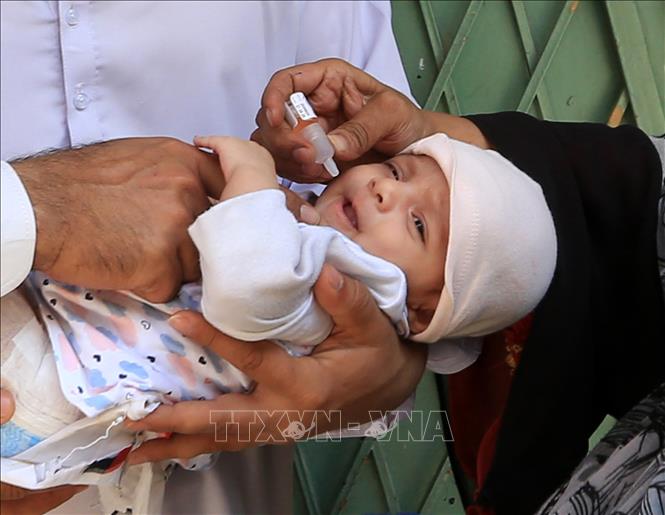 Nhân viên y tế cho em nhỏ uống vaccine phòng bệnh bại liệt tại Peshawar, Pakistan, ngày 21/4/2025. Ảnh: THX/TTXVN