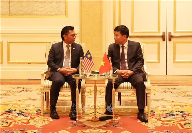 Thứ trưởng Ngoại giao Nguyễn Mạnh Cường tiếp Thứ trưởng Ngoại giao Malaysia Mohamad Bin Alamin. Ảnh: Hồng Đạt - TTXVN
