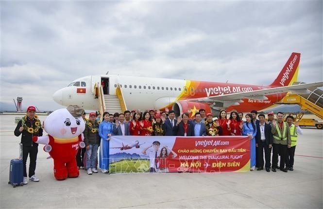 Ngày 1/3/2024, Hãng hàng không VietjetAir chính thức khai trương đường bay mới của Vietjet kết nối Điện Biên với Thủ đô Hà Nội. Ảnh: TTXVN