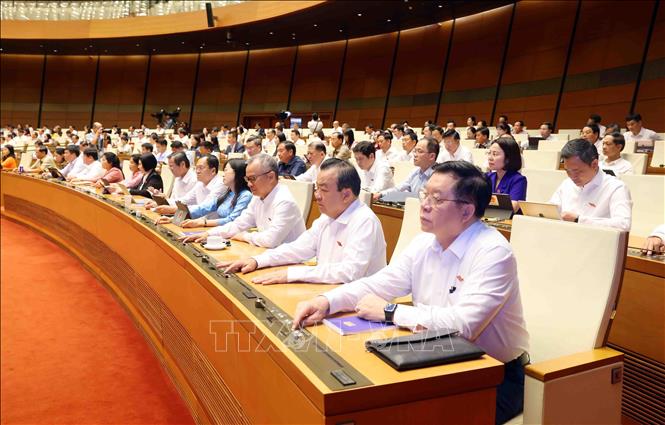 Các đại biểu Quốc hội Biểu quyết thông qua Nghị quyết của Quốc hội về việc sửa đổi, bổ sung một số điều của Hiến pháp năm 2013. Ảnh: Phạm Kiên - TTXVN