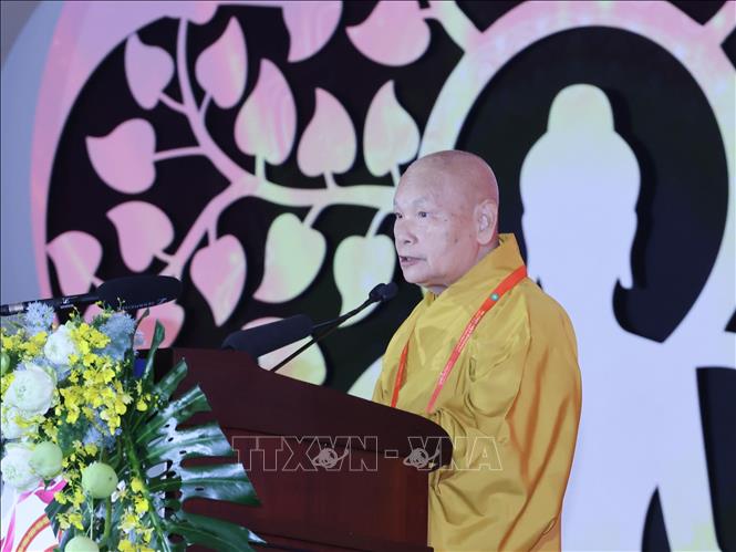 Trưởng lão Hoà thượng Thích Thiện Nhơn, Phó Pháp chủ Hội đồng chứng minh, Chủ tịch Hội đồng trị sự Trung ương Giáo hội Phật giáo Việt Nam phát biểu tại Vesak 2025. Ảnh: Lâm Khánh – TTXVN