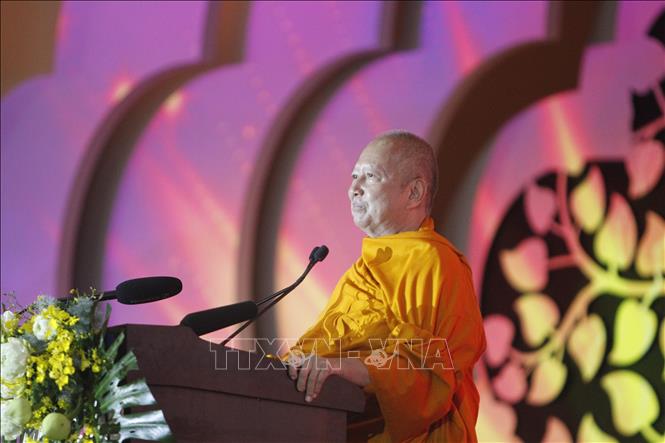 Hòa thượng, Giáo sư, Tiến sỹ Brahmapundit, Chủ tịch Ủy ban Tổ chức Quốc tế Đại lễ Phật đản Liên hiệp quốc phát biểu khai mạc. Ảnh: Thanh Vũ-TTXVN