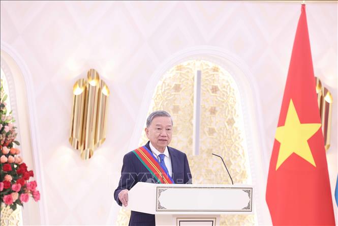 Tổng Bí thư Tô Lâm phát biểu tại lễ đón nhận Huân chương Hữu nghị hạng Nhất của Nhà nước Kazakhstan. Ảnh: Thống Nhất – TTXVN