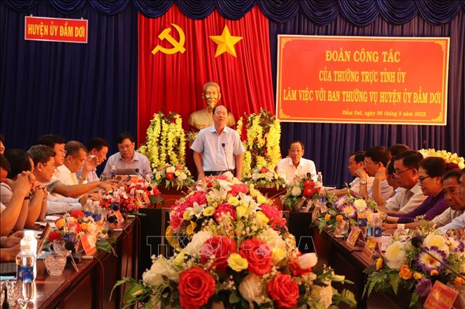 Ông Nguyễn Hồ Hải, Bí thư Tỉnh ủy Cà Mau phát biểu tại buổi làm việc với Ban thường vụ huyện ủy Đầm Dơi. Ảnh: Kim Há - TTXVN
