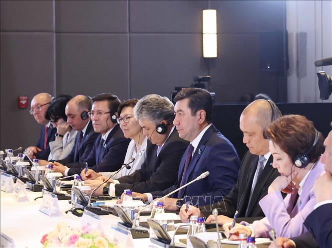 Chủ tịch Hạ viện Kazakhstan, Chủ tịch Đảng Amanat cầm quyền Erlan Koshanov và các thành viên đoàn Kazakhstan tại cuộc hội kiến Tổng Bí thư Tô Lâm. Ảnh: Thống Nhất – TTXVN