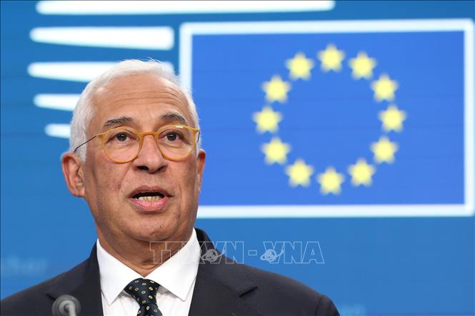 Chủ tịch Hội đồng châu Âu Antonio Costa phát biểu tại cuộc họp báo ở Brussels, Bỉ. Ảnh: THX/TTXVN