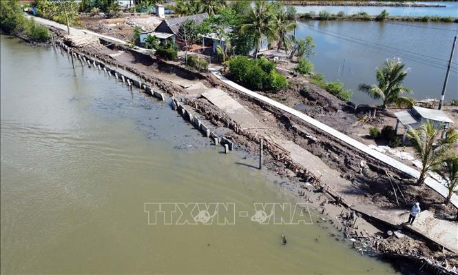 Hai lần sụt lún làm hư hỏng hoàn toàn 83m đường bê tông của đê Tiểu vùng X - Nam Cà Mau. Ảnh: Huỳnh Anh - TTXVN