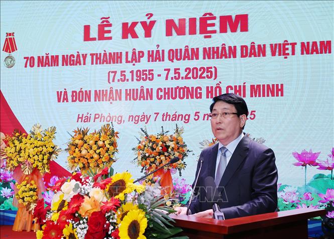 Chủ tịch nước Lương Cường phát biểu chúc mừng Hải quân nhân dân Việt Nam. Ảnh: Lâm Khánh - TTXVN