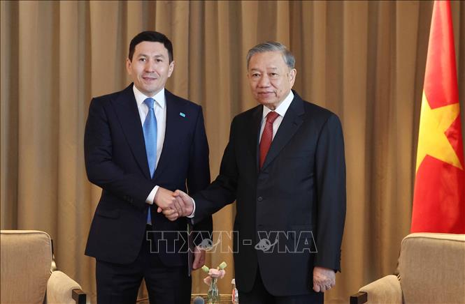 Tổng Bí thư Tô Lâm tiếp Tổng Giám đốc Quỹ đầu tư Quốc gia Kazakhstan Samruk-Kazyna Nurlan Zhakupov. Ảnh: Thống Nhất – TTXVN