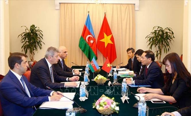 Thứ trưởng Thường trực Bộ Ngoại giao Bùi Thanh Sơn và Thứ trưởng Bộ Ngoại giao Azerbaijan Ramiz Ayvaz oglu Hasanov chủ trì Tham vấn chính trị nhằm trao đổi về tình hình quan hệ song phương, cũng như một số vấn đề quốc tế và khu vực cùng quan tâm (Hà Nội, 12/3/2019). Ảnh: Văn Điệp – TTXVN
