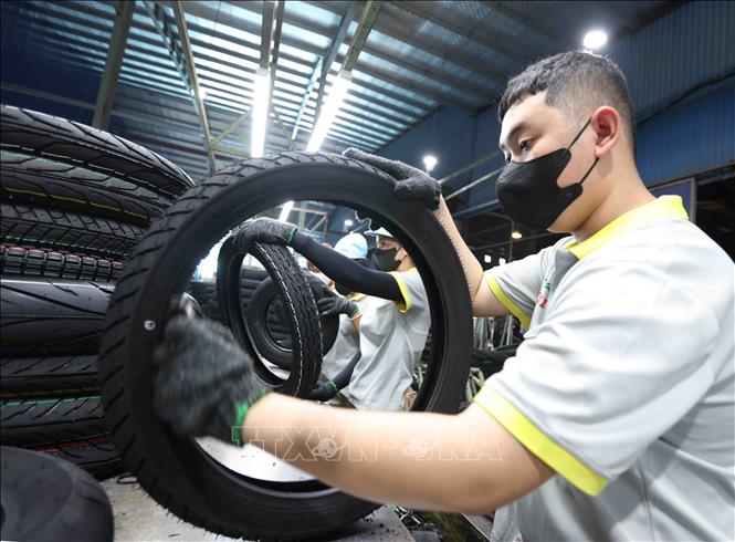 Kiểm tra chất lượng sản phẩm lốp xe máy trước khi hoàn thiện ở nhà máy của Công ty TNHH Cao su CAMEL Việt Nam, 100% vốn Thái Lan tại khu kinh tế cửa khẩu quốc tế Lao Bảo, tỉnh Quảng Trị. Ảnh: Vũ Sinh - TTXVN